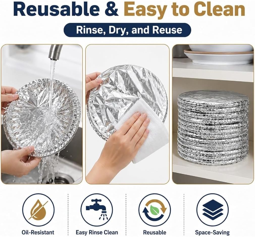 50/100Pcs Reusable Aluminum Foil Food Covers, Elastic Stretch Design with Reusable Protection, Bowl Covers for Bowls, Plates, Pots & Containers, Ideal for Kitchen Use, Picnics & Food Storage (50Pcs)