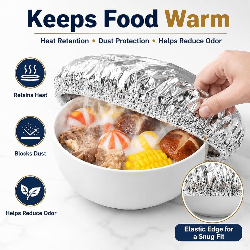 50/100Pcs Reusable Aluminum Foil Food Covers, Elastic Stretch Design with Reusable Protection, Bowl Covers for Bowls, Plates, Pots & Containers, Ideal for Kitchen Use, Picnics & Food Storage (50Pcs)