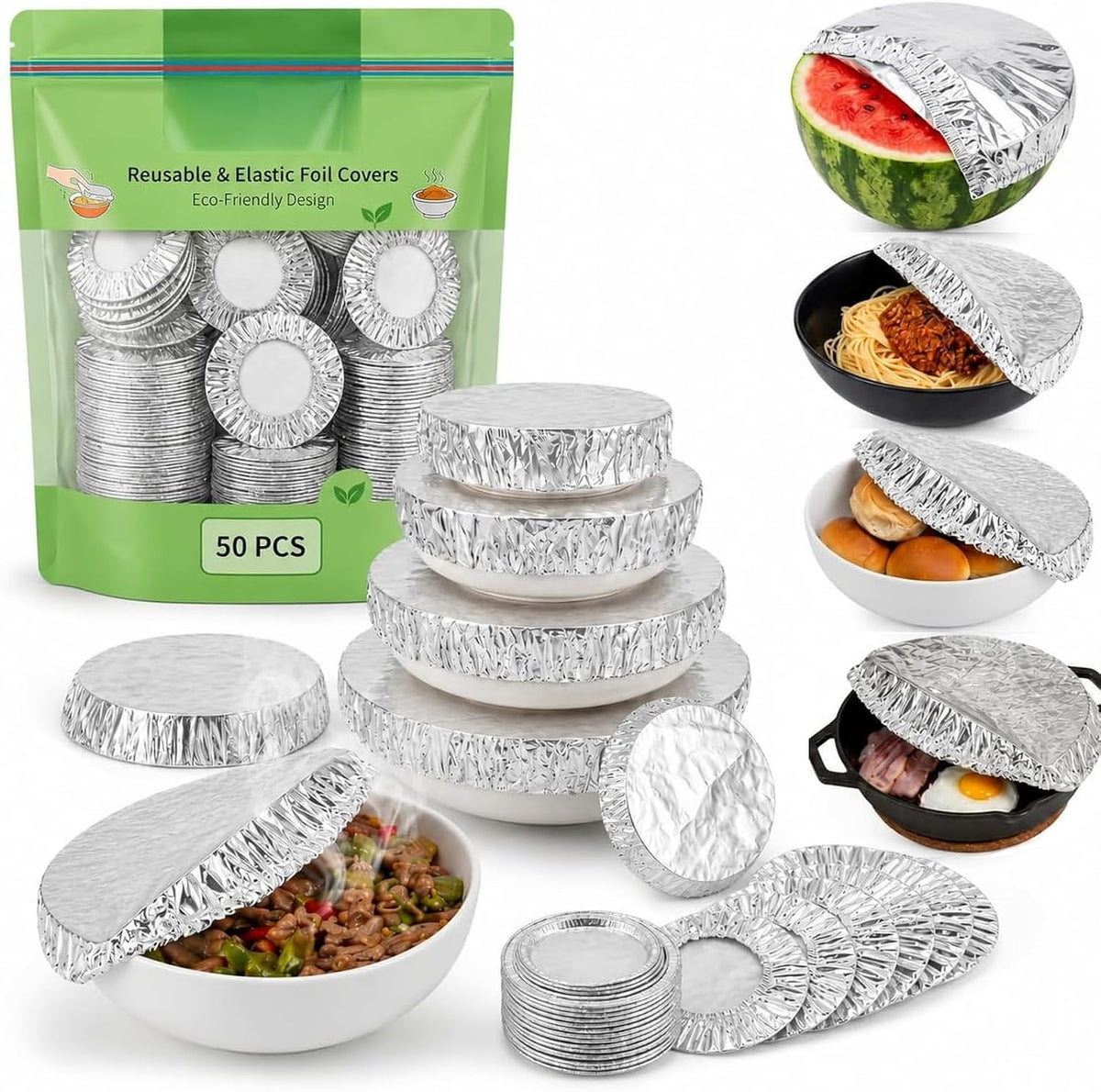 50/100Pcs Reusable Aluminum Foil Food Covers, Elastic Stretch Design with Reusable Protection, Bowl Covers for Bowls, Plates, Pots & Containers, Ideal for Kitchen Use, Picnics & Food Storage (50Pcs)
