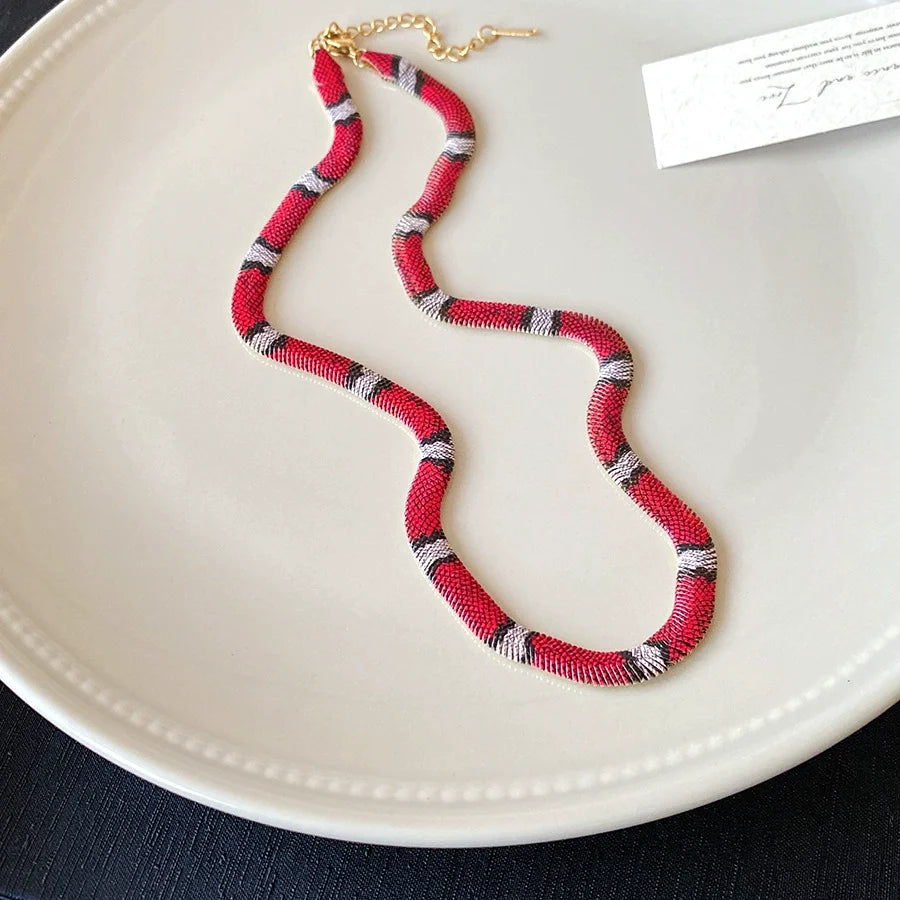 Snake Chain Necklace, Red Black Silver Patterned Statement Necklace