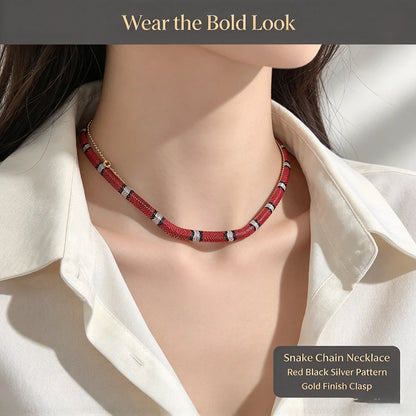 Snake Chain Necklace, Red Black Silver Patterned Statement Necklace
