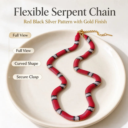 Snake Chain Necklace, Red Black Silver Patterned Statement Necklace