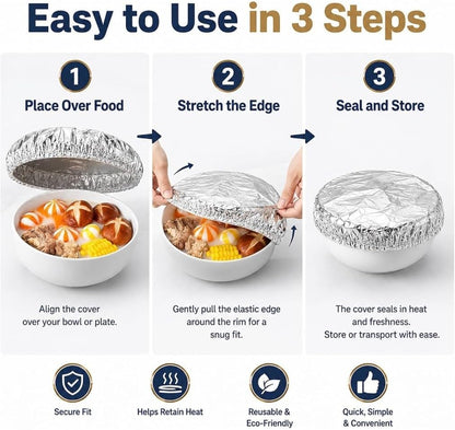 50/100Pcs Reusable Aluminum Foil Food Covers, Elastic Stretch Design with Reusable Protection, Bowl Covers for Bowls, Plates, Pots & Containers, Ideal for Kitchen Use, Picnics & Food Storage (50Pcs)