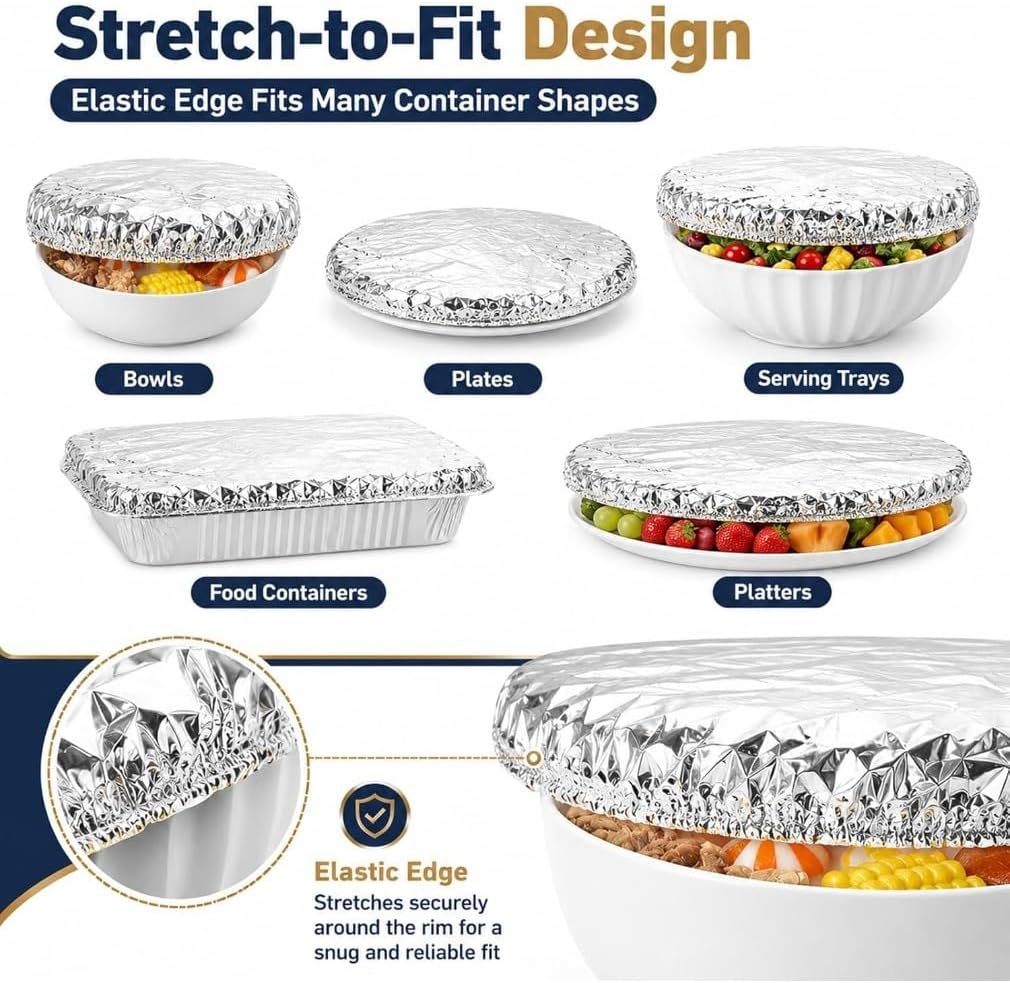 50/100Pcs Reusable Aluminum Foil Food Covers, Elastic Stretch Design with Reusable Protection, Bowl Covers for Bowls, Plates, Pots & Containers, Ideal for Kitchen Use, Picnics & Food Storage (50Pcs)