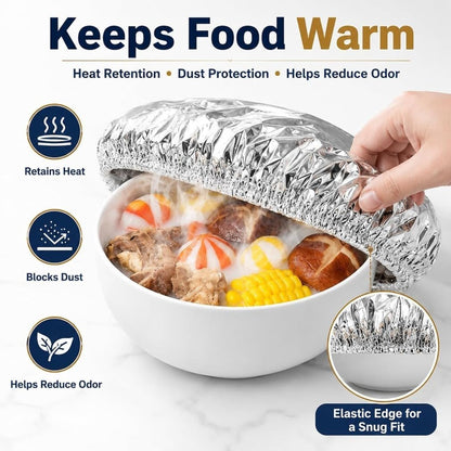 50/100Pcs Reusable Aluminum Foil Food Covers, Elastic Stretch Design with Reusable Protection, Bowl Covers for Bowls, Plates, Pots & Containers, Ideal for Kitchen Use, Picnics & Food Storage (50Pcs)