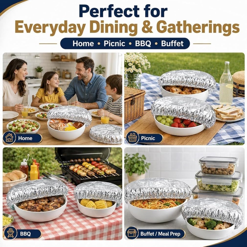 50/100Pcs Reusable Aluminum Foil Food Covers, Elastic Stretch Design with Reusable Protection, Bowl Covers for Bowls, Plates, Pots & Containers, Ideal for Kitchen Use, Picnics & Food Storage (50Pcs)