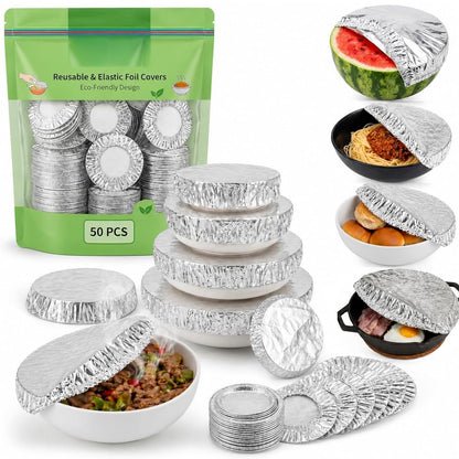 50/100Pcs Reusable Aluminum Foil Food Covers, Elastic Stretch Design with Reusable Protection, Bowl Covers for Bowls, Plates, Pots & Containers, Ideal for Kitchen Use, Picnics & Food Storage (50Pcs)