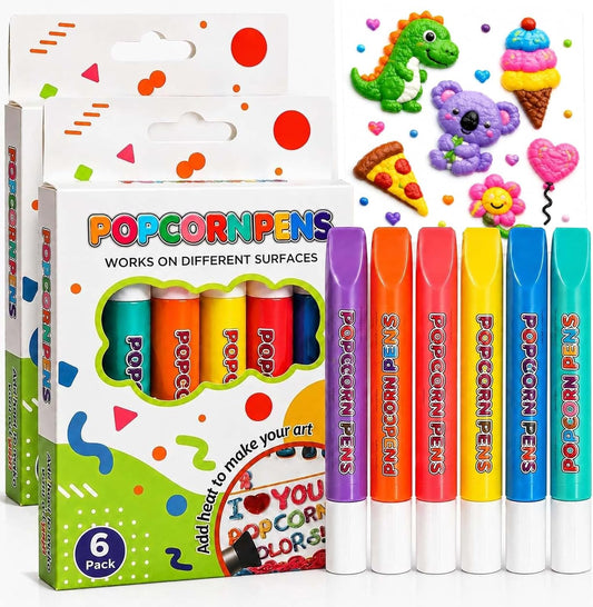 Popcorn Pens, 3D Puffy Bubble Drawing Kit with 6/12 Vibrant Colors, 3D Relief Art Pen for Kids Crafts, Create Raised Textured Artwork and Fun DIY Projects with Easy-to-Use Magic Popcorn Markers, 2Pack